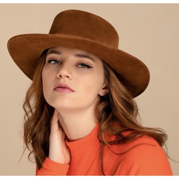 ASN Hat Deep Rust Fall Winter Fedora Hat Vegan Velour Wide Brim Medium 58cm $83